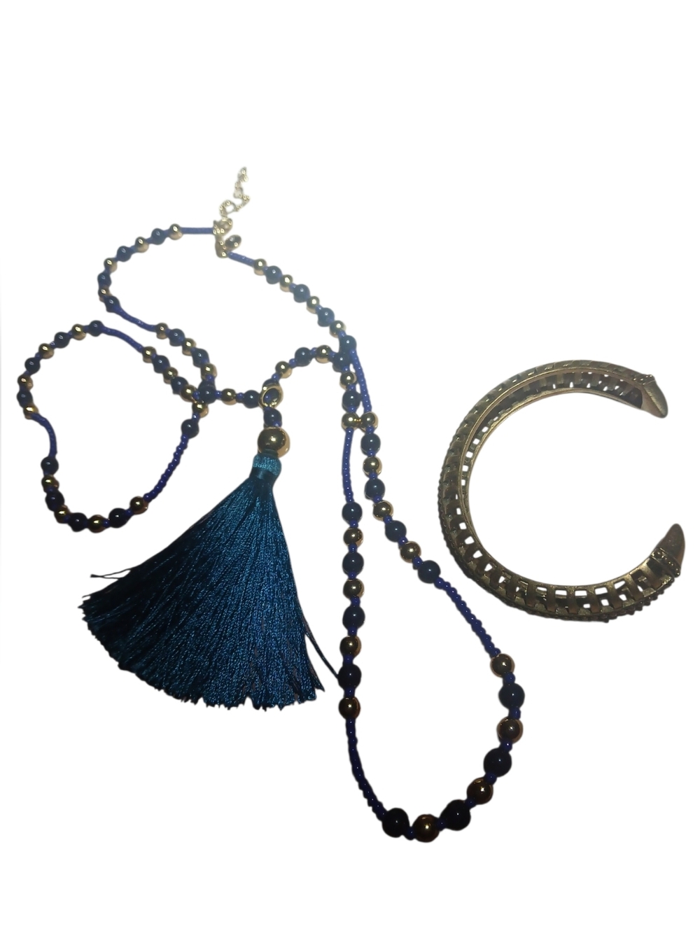 J. CREW 2 Item Lot - Long Beaded Necklace W/ Blue Tassle And Brass Cuff Bracelet